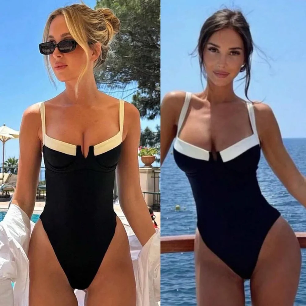 Sexy V split Black & White trim One piece Swimsuit European style, tie back - Picture 1 of 5